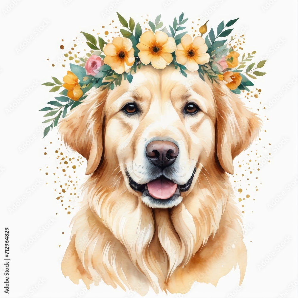Watercolor cream golden retriever dog with floral wreath on head