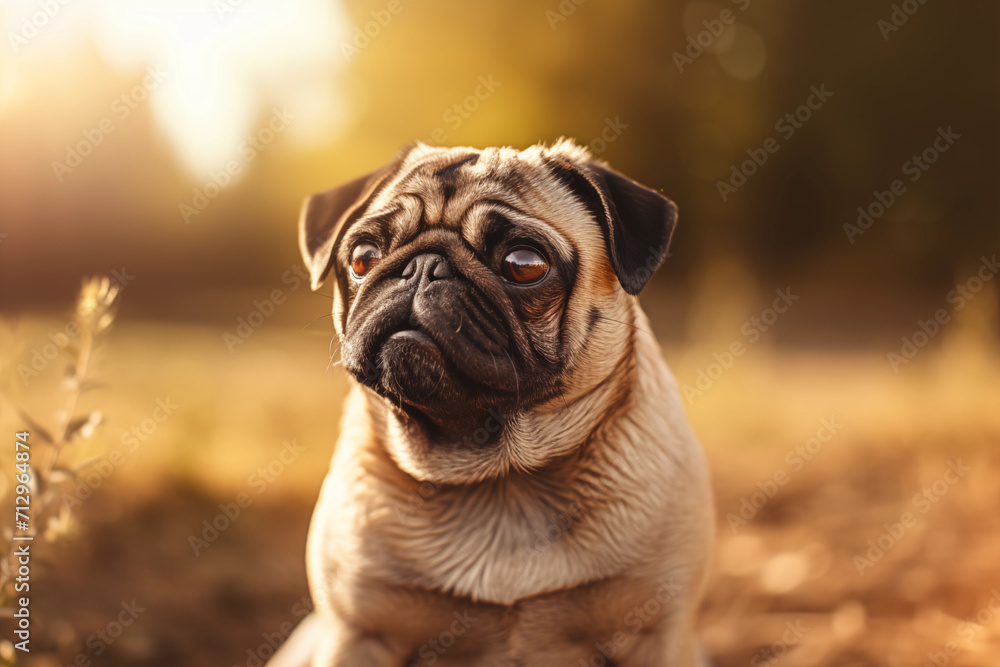 Cute little pug puppy on a beautiful green meadow looking happily at the camera. Cute dog is breathing heavily with his tongue hanging out. Good friend. A dog with a funny face. Summer sunset light