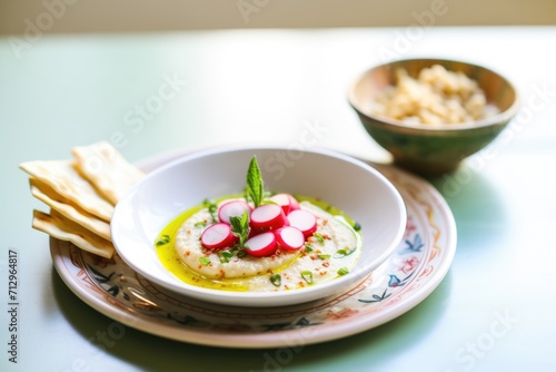 hummus with sliced radishes and pine nuts, olive oil glazing