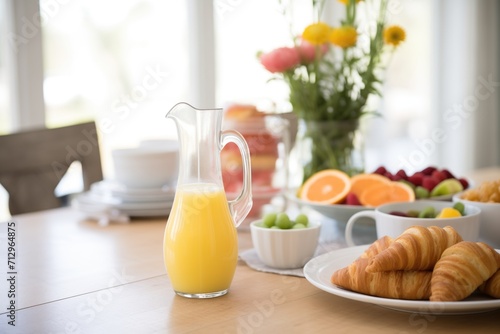 citrus agua fresca carafe amidst a brunch spread with pastries photo