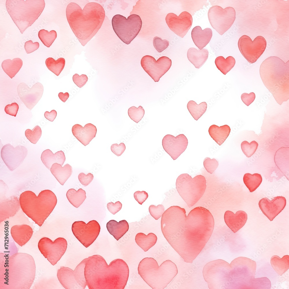 Watercolor bright pink and red hearts on white background.