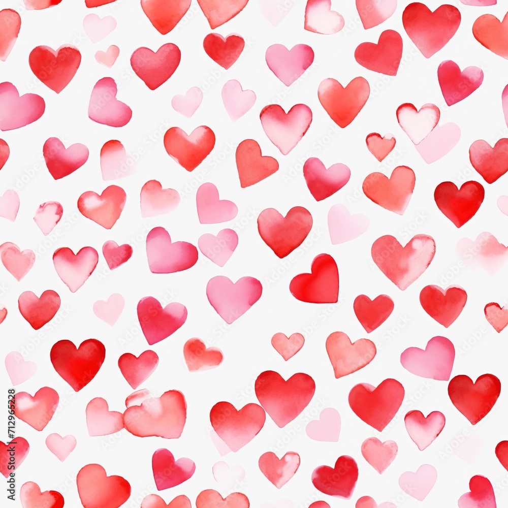 Watercolor bright pink and red hearts on white background.