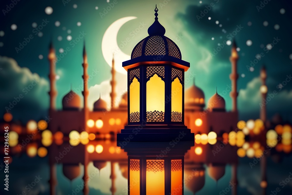 mosque in the night with lantern and bokeh effect