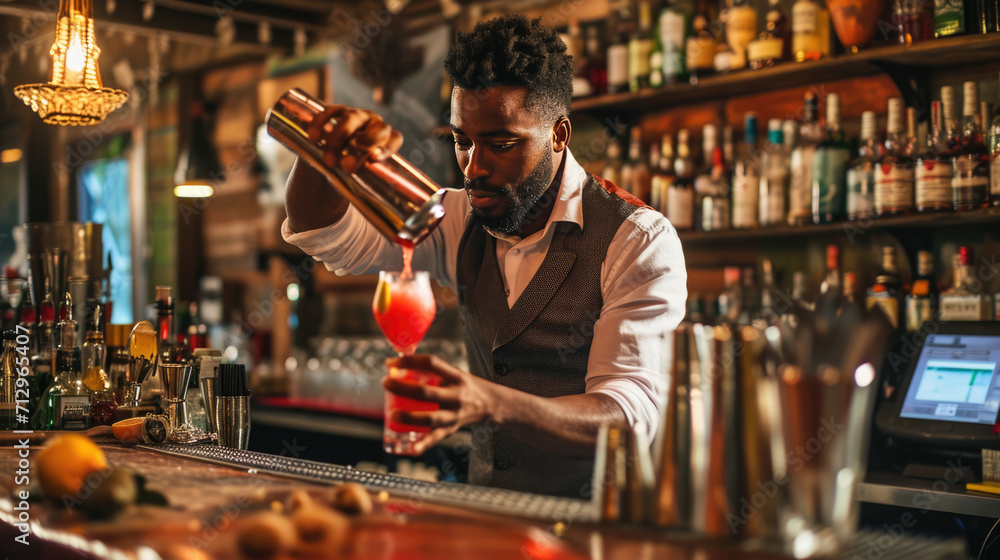 Bartender is pouring a cocktail into a glass