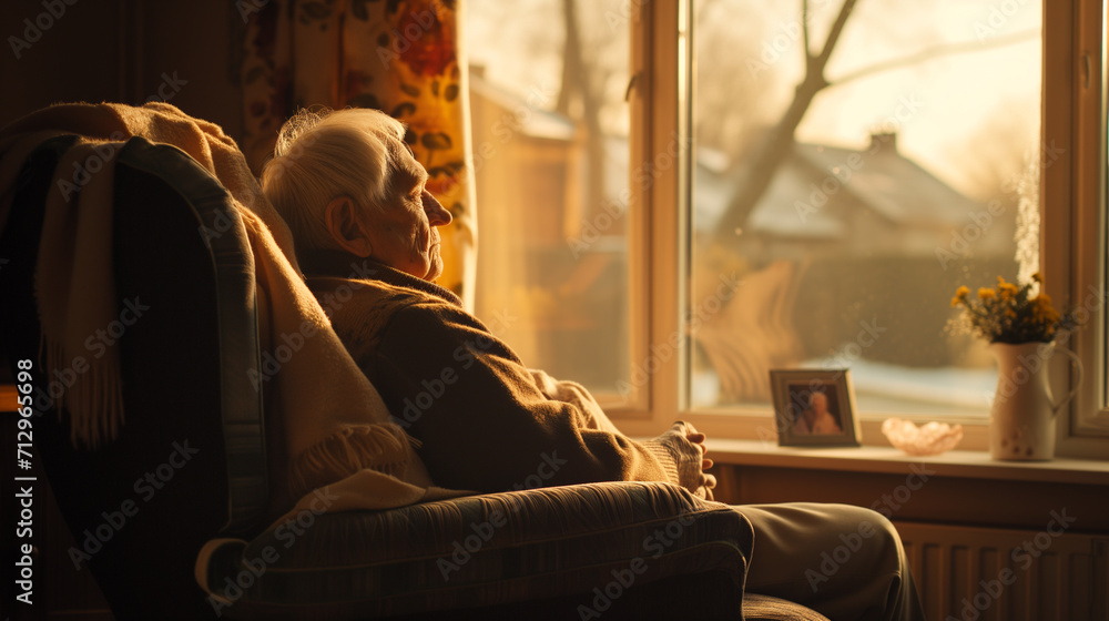 A senior elderly man look outside through the window at the sunset A senior elderly man look outside through the window at the sunset