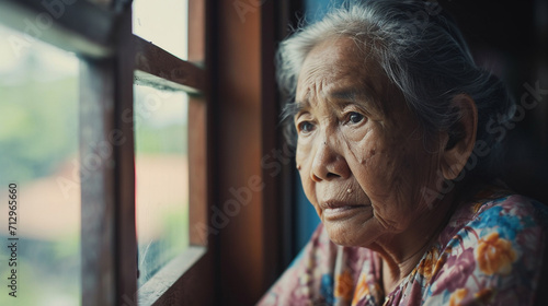 A close up shot of a loneliness asian elder woman looking through the window with sadness