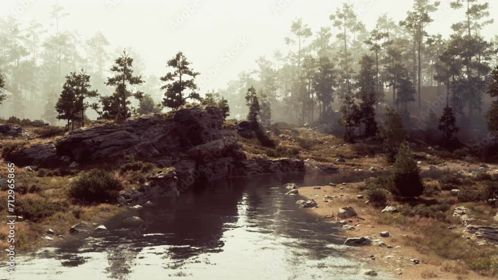 A serene stream flowing through a lush forest landscape A serene stream flowing through a lush forest landscape