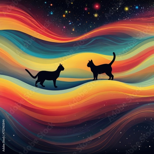 beautiful and fantastically silhouettes of colorful cat gravitational waves