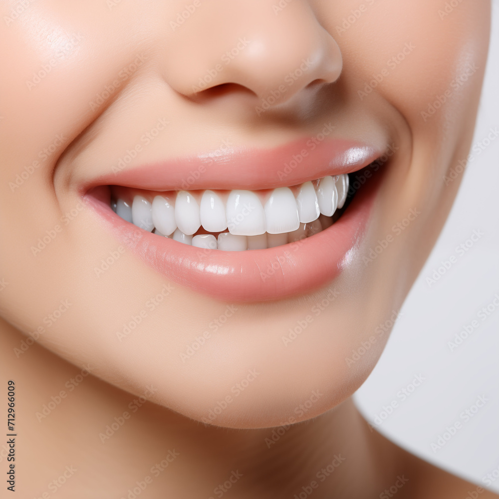 Idealny uśmiech zdrowych zębów młodej kobiety. Wybielanie zębów. Pacjentka kliniki stomatologicznej. Stomatologia. Białe tło. Ujęcie samej jamy ustnej - obrazy, fototapety, plakaty 
