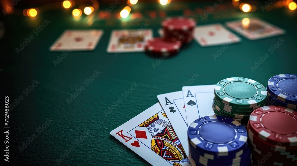 A pair of aces, a king and a stack of chips on a green casino table. AI generated. A pair of aces, a king and a stack of chips on a green casino table. AI generated.