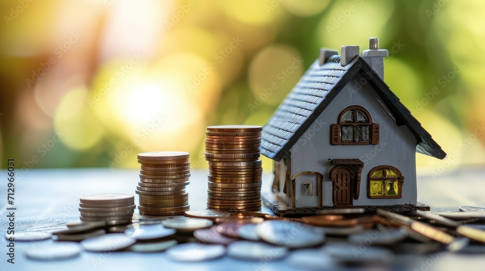 Miniature model of a two-story house with coins. Investments in real estate. AI generated. Miniature model of a two-story house with coins. Investments in real estate. AI generated.