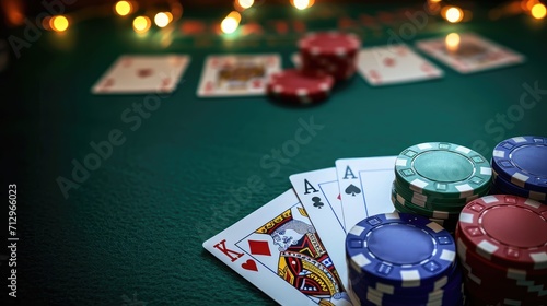 A pair of aces, a king and a stack of chips on a green casino table. AI generated.
