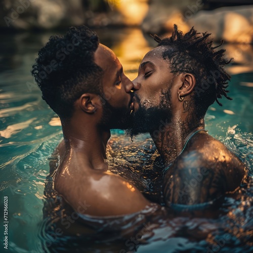 Gay couple relaxing in the pool. LGBT. Two young African men kiss and hug. Love. AI generated.