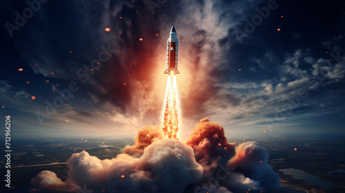 Space rocket taking off night sky