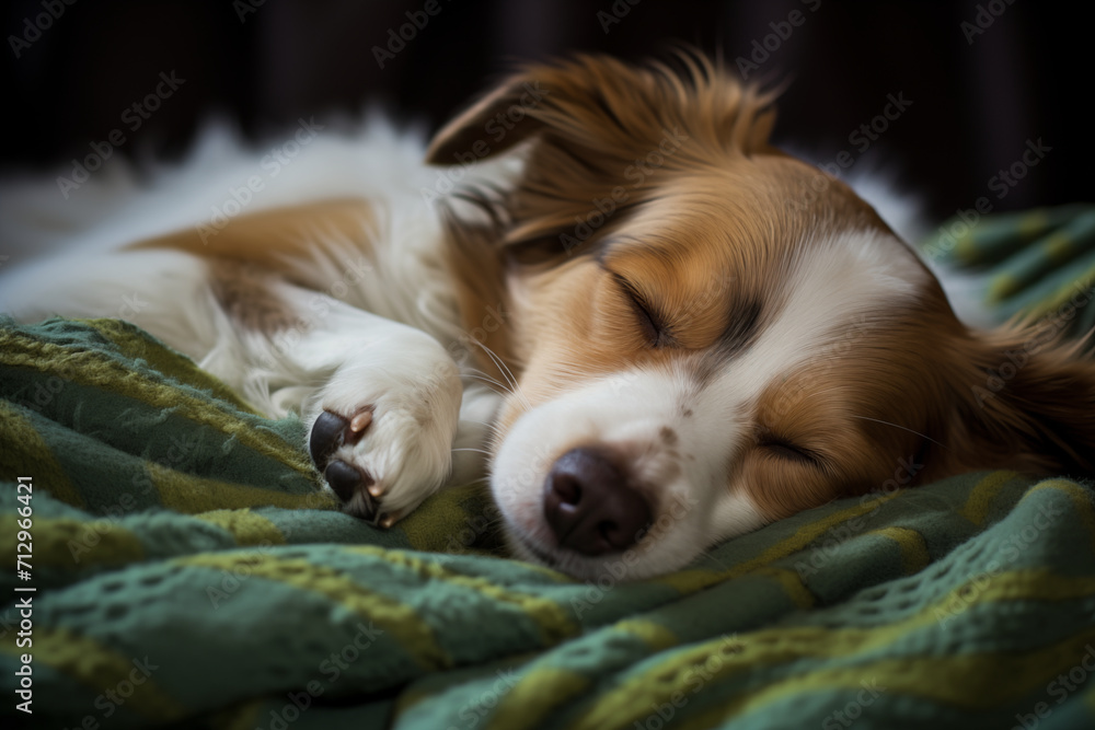 A young terrier sleeps on a green knitted blanket on the bed. A small beagle dog sleeps comfortably and warmly on a green yellow wool blanket. Cozy atmosphere at home. relaxing sleep