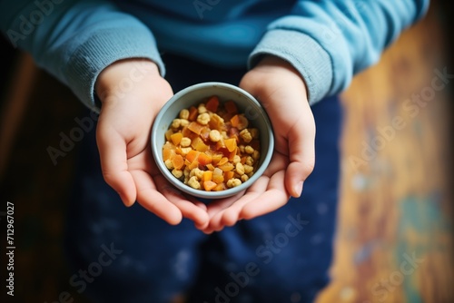 childs hands holding a small bowl of lentil soup