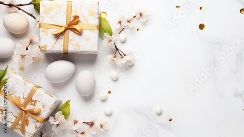 Easter Bliss: Stunning Layout with Eco-Wrapped Gifts, Golden Eggs, Cherry Blossoms, and Confetti on White Background - Top View, Copy Space Available © Sunanta