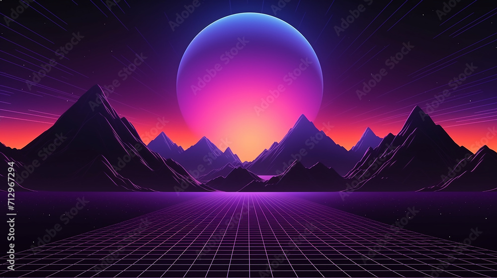 80s style sci fi purple background with sunset behind