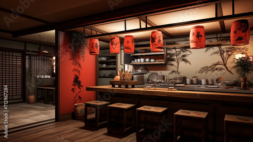 japanese restaurant, well decorated interior with counter sectio