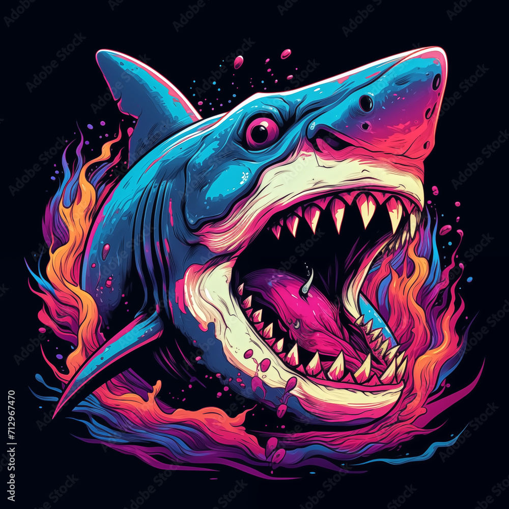 t-shirt print, retrowave shark with teeth, vivid colors, detaile t-shirt print, retrowave shark with teeth, vivid colors, detaile