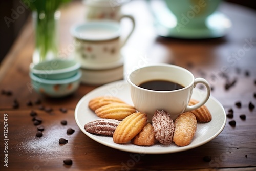 madeleines with chocolate chips served with a cup of coffee photo
