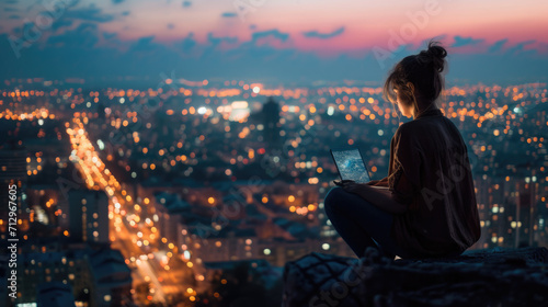 Woman using a laptop on a high rooftop with a backdrop of a densely populated cityscape at night, illuminated by countless lights.