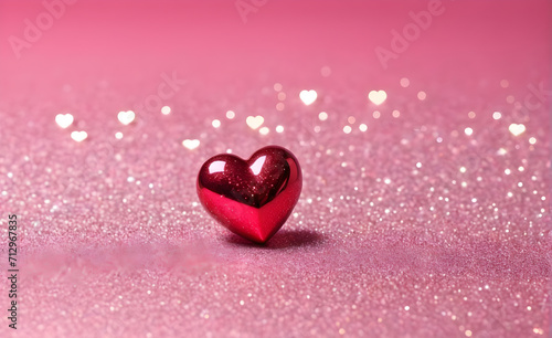 A small red heart on a sparkling soft pink background. Generative AI