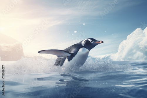 Penguin sliding on icy water. Antarctica polar cute marine bird. Generate ai