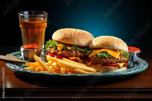 Cheeseburger Combo Meal on Tray, on an isolated Tray Service Blue background, Generative AI