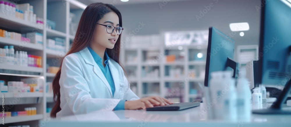 The pharmacist in front of the computer is checking the medicine stock list The pharmacist in front of the computer is checking the medicine stock list