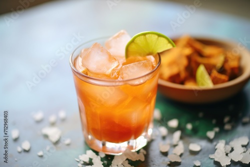 close-up of ice cubes and lime slices in a michelada