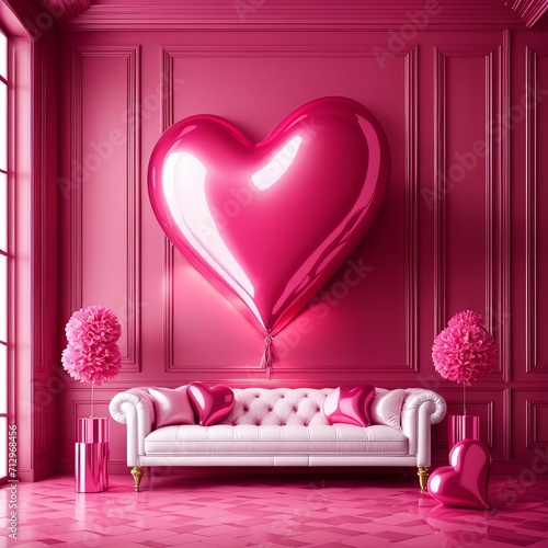 Pink Heart balloon levitated, floating in pink room, love surprise valentine gift.