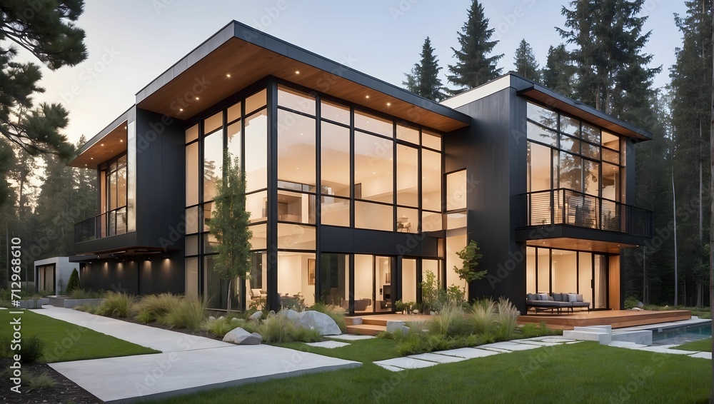 A unique and diverse home exterior, featuring a modern and sleek design with clean lines and large windows that flood the interior with natural light. generative AI