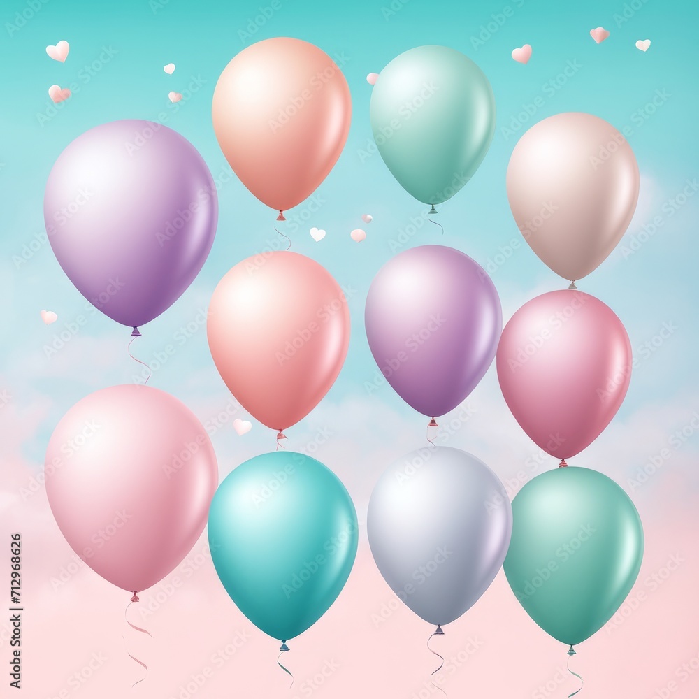 Set of round helium balloons in soft pastel colors, Festive decorative element in realistic 3d design. Decor for Valentine's day, wedding and birthday