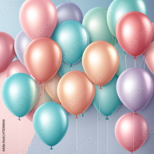 Set of round helium balloons in soft pastel colors, Festive decorative element in realistic 3d design. Decor for Valentine's day, wedding and birthday