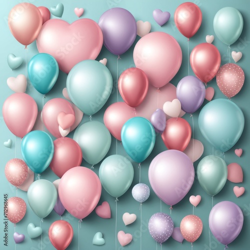 Set of round helium balloons in soft pastel colors, Festive decorative element in realistic 3d design. Decor for Valentine's day, wedding and birthday