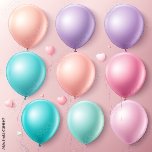 Set of round helium balloons in soft pastel colors, Festive decorative element in realistic 3d design. Decor for Valentine's day, wedding and birthday