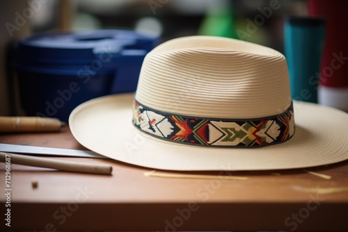 stitching ribbon onto a panama hat photo
