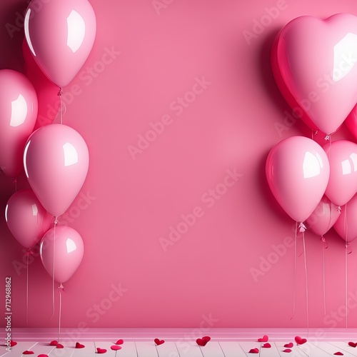 Pink Heart balloon levitated, floating on red background with empty poster.