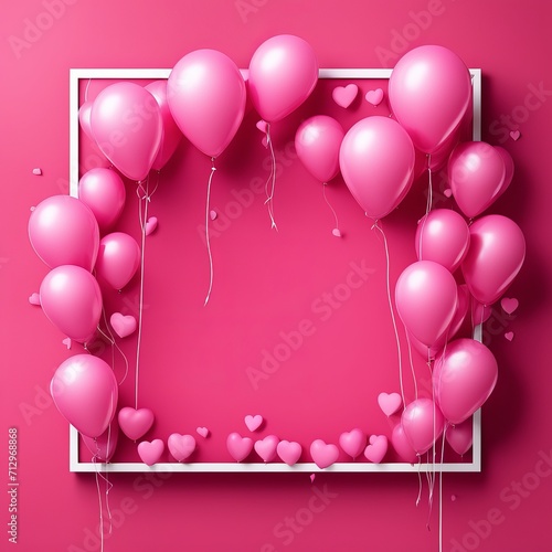 Pink Heart balloon levitated, floating on red background with empty poster.