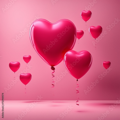 Pink Heart balloon levitated, floating on red background with empty poster.