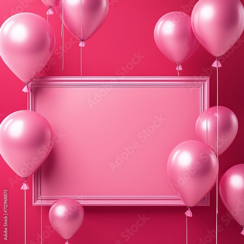 Pink Heart balloon levitated, floating on red background with empty poster.