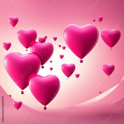 Pink Heart balloon levitated, floating on red background with empty poster.