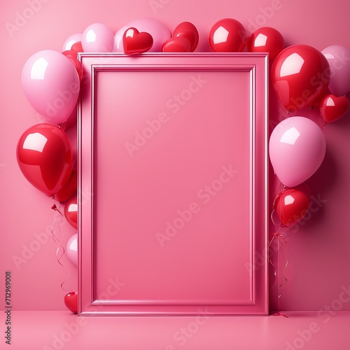 Pink Heart balloon levitated, floating on red background with empty poster.