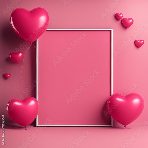 Pink Heart balloon levitated, floating on red background with empty poster.