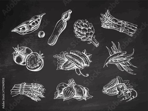 A hand-drawn set of vegetables in sketch style. Vector vegetables on chalkboard background. Vintage doodle illustration. Sketch for cafe menus and labels. The engraved image. Harvesting.