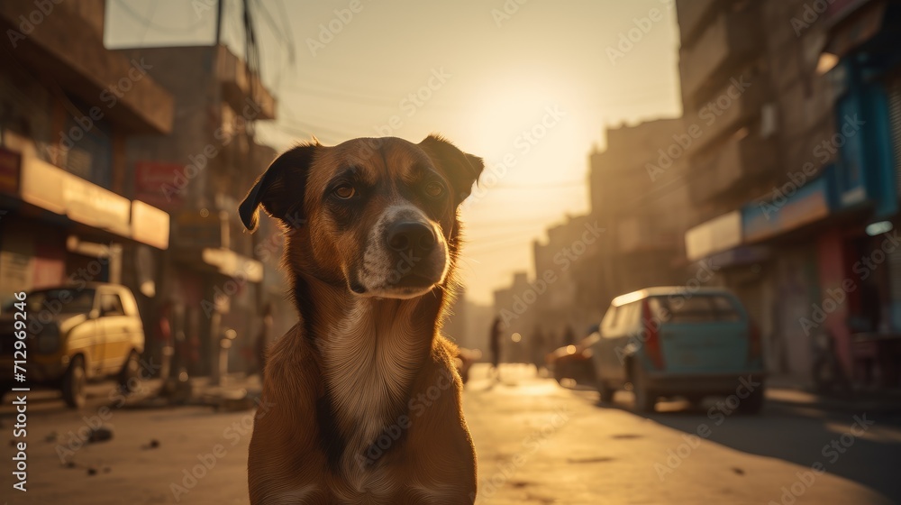 a portrait of street dog on the morning time, urban resilience, animal welfare - obrazy, fototapety, plakaty 