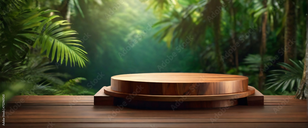 Minimal natural wood podium with green palm leaf with sunlight background. Minimal wooden stand for branding and packaging presentation Minimal natural wood podium with green palm leaf with sunlight background. Minimal wooden stand for branding and packaging presentation