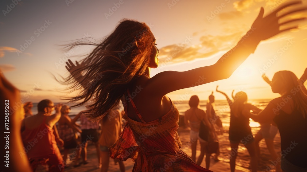 a young woman dancing freely on an open beach pub, lifestyle promotions, beach events