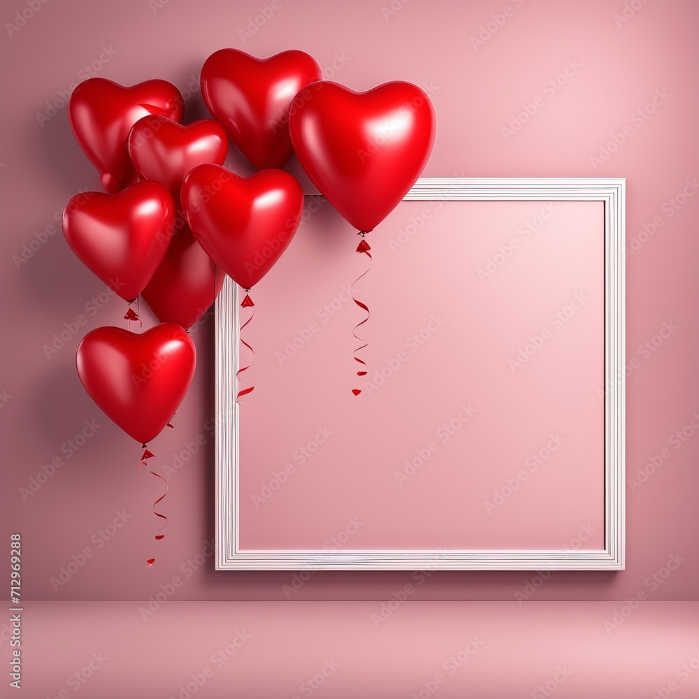 Red Heart balloon levitated, floating on red background with empty poster.
